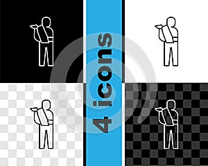 Set line Human broken arm icon isolated on black and white, transparent background. Injured man in bandage. Vector