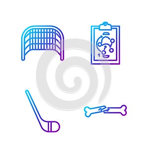 Set line Human broken bone, Ice hockey stick, Ice hockey goal and Planning strategy. Gradient color icons. Vector