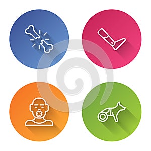 Set line Human broken bone, Prosthesis leg, Head of deaf and dumb and Dog in wheelchair. Color circle button. Vector