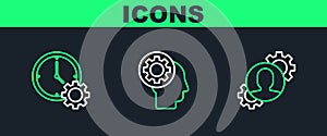 Set line Human with gear inside, Time Management and head icon. Vector