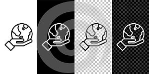 Set line Human hand holding Earth globe icon isolated on black and white, transparent background. Save earth concept
