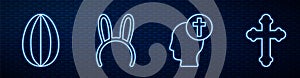 Set line Human head with christian cross, Easter egg, Mask with long bunny ears and Christian cross. Glowing neon icon