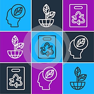 Set line Human head with leaf inside, Paper bag with recycle and Earth globe and plant icon. Vector