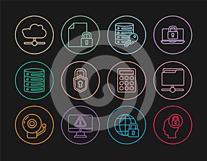 Set line Human head with lock, FTP folder, Server security key, Lock, Server, Data, Web Hosting, Network cloud