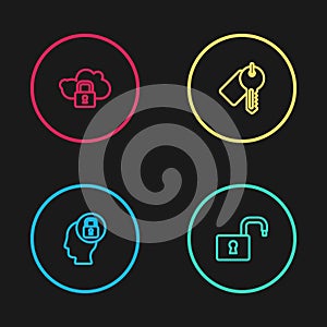 Set line Human head with lock, Open padlock, Marked key and Cloud computing icon. Vector