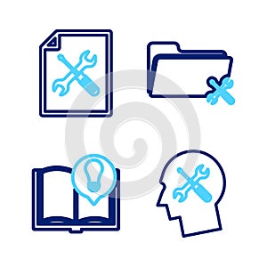 Set line Human head service, Interesting facts, Folder and File document icon. Vector