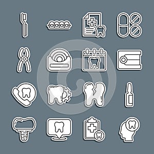 Set line Human head with tooth, Painkiller tablet, Dentures model, Dental card, floss, pliers, Toothbrush and Calendar