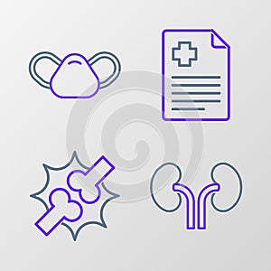 Set line Human kidneys, Joint pain, knee pain, Patient record and Medical protective mask icon. Vector