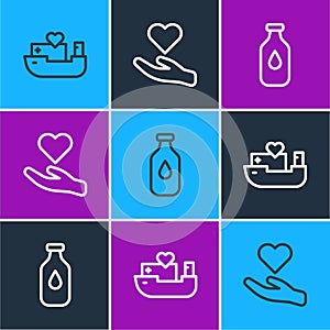 Set line Humanitarian ship, Bottle of water and Heart in hand icon. Vector