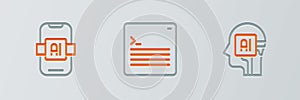 Set line Humanoid robot, Artificial intelligence AI and Web developer programming code icon. Vector