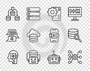 Set line Humanoid robot, Neural network, Artificial intelligence, Server, Data, Cloud database, and icon. Vector