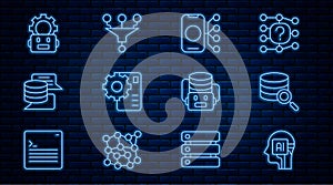 Set line Humanoid robot, Server, Neural network, Data, Robot setting, Artificial intelligence and Funnel filter icon