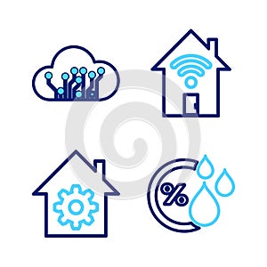 Set line Humidity, Smart home settings, with wi-fi and Internet of things icon. Vector