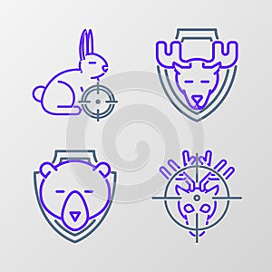 Set line Hunt on deer with crosshairs, Bear head shield, Moose and rabbit icon. Vector