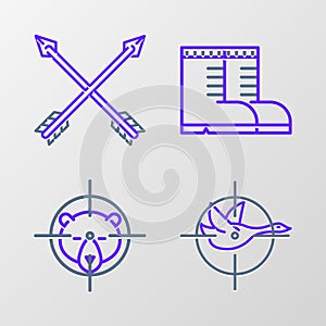 Set line Hunt on duck with crosshairs, bear, Hunter boots and Crossed arrows icon. Vector