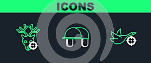 Set line Hunt on duck with crosshairs, deer and Hunter hat icon. Vector