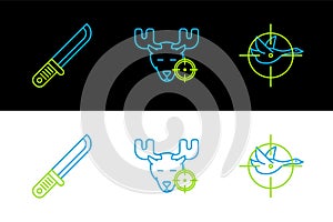 Set line Hunt on duck with crosshairs, Hunter knife and moose icon. Vector