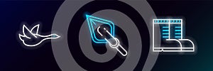 Set line Hunter boots, Flying duck and Hipster arrow tip icon. Glowing neon. Vector
