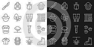 Set line Hunter boots, Paw print, Animal cage, Mosquito, Tropical leaves, Camping hat, Machete and Binoculars icon