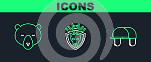 Set line Hunter hat, Bear head and Deer with antlers on shield icon. Vector