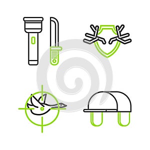 Set line Hunter hat, on duck with crosshairs, Deer antlers shield and Flashlight and knife icon. Vector