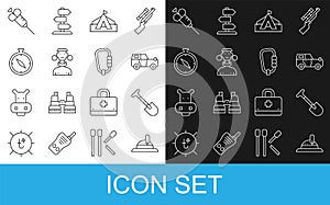 Set line Hunter hat, Shovel, Off road car, Tourist tent, African tribe male, Compass, Syringe and Carabiner icon. Vector