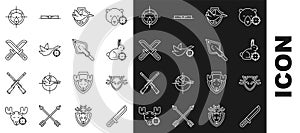 Set line Hunter knife, Deer antlers on shield, rabbit with crosshairs, Flying duck, Crossed hunter, bear and Hipster