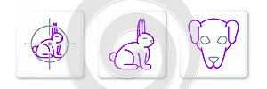 Set line Hunting dog, on rabbit with crosshairs and Rabbit icon. Vector