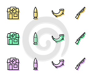 Set line Hunting horn, shop, Bullet and gun icon. Vector