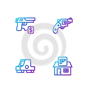 Set line Hunting shop weapon, Collimator sight, Buying gun pistol and Small revolver. Gradient color icons. Vector