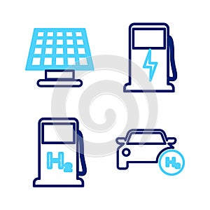 Set line Hydrogen car, filling station, Electric charging and Solar energy panel icon. Vector