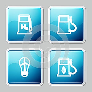 Set line Hydrogen filling station, Petrol or Gas, Light bulb with wind turbine and Bio fuel fueling nozzle icon. Vector
