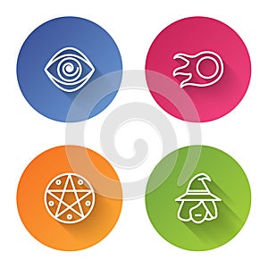 Set line Hypnosis, Fireball, Pentagram in circle and Witch. Color circle button. Vector