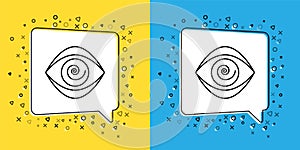 Set line Hypnosis icon isolated on yellow and blue background. Human eye with spiral hypnotic iris. Vector