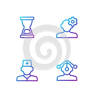 Set line Hypnosis, Male doctor, Old hourglass and Solution problem in psychology. Gradient color icons. Vector