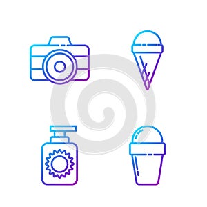 Set line Ice cream in waffle cone, Sunscreen spray bottle, Photo camera and Ice cream in waffle cone. Gradient color