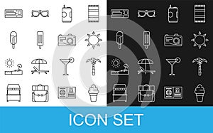 Set line Ice cream in waffle cone, Tropical palm tree, Sun, Soda can, Travel ticket and Photo camera icon. Vector