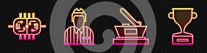 Set line Ice hockey cup champion, Hockey table, Hockey judge, referee, arbiter and Award cup. Glowing neon icon. Vector