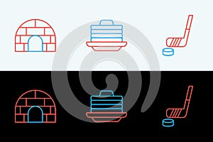 Set line Ice hockey stick and puck, Igloo ice house and Stack of pancakes icon. Vector