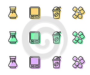 Set line Iced coffee, Pour over maker, Electronic scales and Sugar cubes icon. Vector