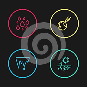 Set line Icicle, Drought, Comet falling down fast and Water drop icon. Vector