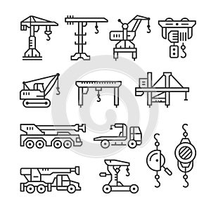 Set line icons of crane, lifts, winches