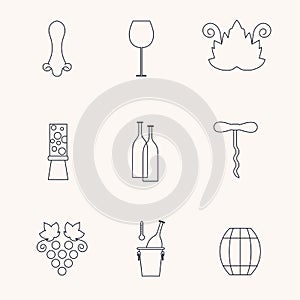 Set of line icons with different wine elements - bottle, grape, corckscrew, vine leaf, glass, barrel