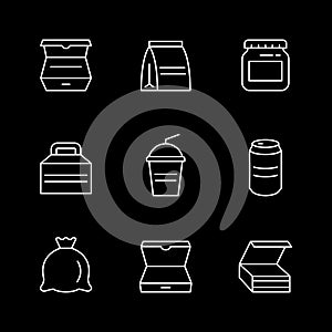 Set line icons of food packaging isolated on black