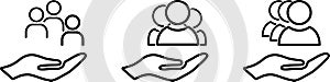 Set of line icons of group of people on palm as an employee protection concept