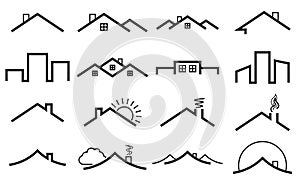 Set of line icons of houses roofs. Logos set of homes and real estate. Outline buildings symbol collection