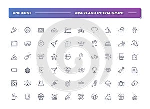 Set of 60 line icons. Leisure and entertainment