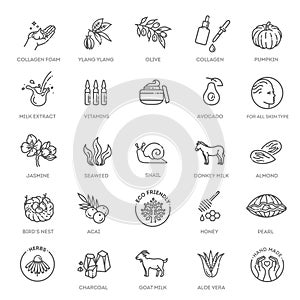 Set line icons of organic cosmetic. Korean cosmetics ingredients. Natural organic cosmetics, vegan food symbols.