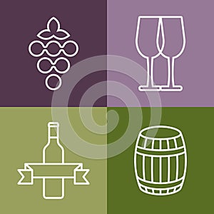 Set of line icons set. Wine bottle, grape and glass vector logo