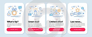 Set of line icons, such as Honor, Job interview, Lighthouse symbols. Loyalty program line icons. Vector